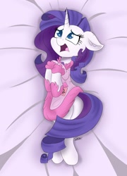 Size: 1280x1778 | Tagged: safe, artist:sadtrooper, character:rarity, species:pony, species:unicorn, episode:suited for success, g4, my little pony: friendship is magic, adorable distress, bathrobe, clothing, cute, ear fluff, female, floppy ears, i'm so pathetic, lying on bed, mare, marshmelodrama, messy mane, open mouth, raribetes, robe, scene interpretation, solo
