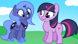 Size: 1093x619 | Tagged: safe, artist:ciscoql, character:princess luna, character:twilight sparkle, character:twilight sparkle (unicorn), species:alicorn, species:pony, species:unicorn, g4, butterfly, cute, duo, female, filly, foal, s1 luna, woona