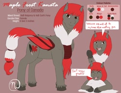 Size: 1280x985 | Tagged: safe, artist:azurllinate, oc, oc only, oc:maple frost kanata, species:pony, accessories, canada, canada pony, canadian, cloven hooves, colored, dialogue, ear fluff, female, flat colors, half-bat pony, half-earth pony, mixed breed, patriotic, red mane, reference sheet, snow, speech, speech bubble, tall, two toned mane, two toned wings, waving, white mane, wings
