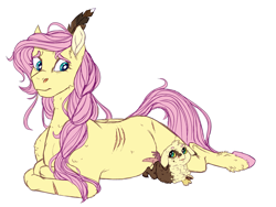 Size: 1725x1296 | Tagged: safe, artist:loladotz, character:fluttershy, oc, oc:wisteria, parent:discord, parent:fluttershy, parents:discoshy, species:draconequus, species:pegasus, species:pony, braid, child, draconequus oc, duo, feather in hair, female, fluttermom, hybrid, interspecies offspring, looking at each other, mare, mother and daughter, next generation, offspring, prone, scar, simple background, white background