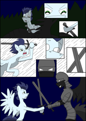 Size: 2480x3508 | Tagged: safe, artist:greeneyedmistress, character:soarin', species:pony, comic:prelude to creation, clothing, comic, corpse, explicit series, fight, grimdark series, male, stallion, unknown pony, weapon
