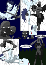 Size: 2480x3508 | Tagged: safe, artist:greeneyedmistress, character:soarin', species:pony, comic:prelude to creation, blood, clothing, comic, explicit series, fight, grimdark series, kicking, male, stallion, unknown pony, vulgar, weapon
