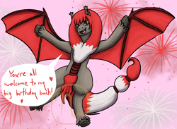 Size: 3000x2200 | Tagged: safe, artist:azurllinate, oc, oc only, oc:maple frost kanata, species:pony, accessories, birthday, brown eyes, canada, canada day, celebration, cloven hooves, dialogue, ear fluff, female, fireworks, flying, half-bat pony, half-earth pony, heart, inviting you, legs in air, long mane, long tail, mixed breed, open mouth, red hair, sharp teeth, speech, speech bubble, spread wings, teeth, two toned mane, two toned tail, two toned wings, white hair, wings