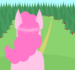 Size: 3000x2819 | Tagged: safe, artist:alltimemine, character:pinkie pie, species:earth pony, species:pony, back, female, forest, inkscape, lineless, mare, pine tree, rear view, road, solo, tree, vector