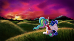 Size: 3840x2160 | Tagged: safe, artist:qbellas, character:princess celestia, character:princess luna, species:alicorn, species:pony, episode:between dark and dawn, g4, my little pony: friendship is magic, duo, hug, royal sisters, winghug
