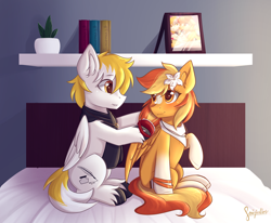 Size: 1780x1467 | Tagged: safe, artist:sonigiraldo, oc, oc:serenity, oc:white feather, species:pegasus, species:pony, bandana, bed, bedroom, book, bracelet, brushing, clothing, female, flower, flower in hair, hairbrush, jewelry, male, mare, necklace, on bed, picture frame, plant, scarf, serenither, sitting, stallion