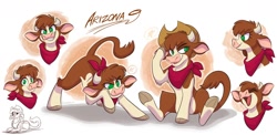 Size: 1972x960 | Tagged: safe, artist:thedoggygal, community related, character:arizona cow, species:cow, them's fightin' herds, bandana, clothing, cloven hooves, cowboy hat, eyes closed, female, hat, looking at you, no pupils, open mouth, sitting, smiling, solo