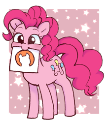 Size: 1049x1200 | Tagged: safe, artist:ch-chau, character:pinkie pie, species:earth pony, species:pony, abstract background, blushing, curious cat, cute, diapinkes, drawing, female, happy, mare, mouth hold, paper, solo, stars