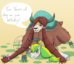 Size: 2300x2000 | Tagged: safe, artist:azurllinate, character:yona, oc, oc:sol bright, species:pony, species:unicorn, species:yak, age difference, anklet, birthday, blue eyes, blushing, braid, canon x oc, cloven hooves, confident, crushing, dialogue, female, grin, hazel eyes, hooves, interspecies, interspecies love, long hair, long mane, looking at each other, male, older yona, on top, ponytail, size difference, smiling, solna, speech, speech bubble, squished, straight, sweat, two toned mane, unicorn oc