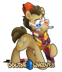 Size: 1280x1473 | Tagged: safe, artist:luximus17, character:doctor whooves, character:time turner, species:earth pony, species:pony, 3d glasses, bow tie, clothing, crossover, cute, doctor who, doctorbetes, fez, hat, male, mouth hold, scarf, simple background, solo, sonic screwdriver, stallion, tardis, the doctor, transparent background