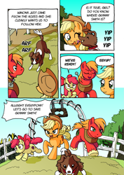 Size: 1201x1700 | Tagged: safe, artist:tarkron, character:apple bloom, character:applejack, character:big mcintosh, character:winona, species:dog, species:earth pony, species:pony, comic:ghosts of the past, apple siblings, comic, dialogue, female, filly, licking, male, mare, stallion, sweet apple acres, tongue out