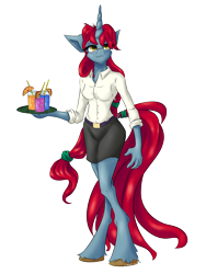 Size: 1668x2224 | Tagged: safe, artist:coldtrail, oc, oc:talayeh, species:anthro, species:pony, species:unicorn, cocktail, female, freckles, simple background, solo, transparent background, tray, unshorn fetlocks
