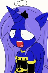 Size: 1336x2048 | Tagged: safe, artist:tenebrousmelancholy, character:princess luna, species:alicorn, species:anthro, species:pony, clothing, disgusted, jewelry, open mouth, regalia, younger