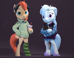 Size: 1024x795 | Tagged: safe, artist:rexyseven, oc, oc only, oc:rusty gears, oc:whispy slippers, species:pony, 3d, bipedal, clothing, hoodie, hoof hold, socks, striped socks