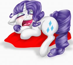 Size: 1024x913 | Tagged: safe, artist:rurihal, character:rarity, species:pony, species:unicorn, female, floppy ears, pillow, simple background, solo, yawn