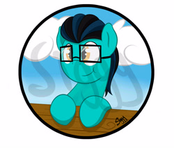 Size: 4172x3549 | Tagged: safe, artist:siggyderp, oc, oc only, oc:pounce-aid, species:earth pony, species:pony, button, button design, glasses, male, signature, smiling, solo, stallion, watermark