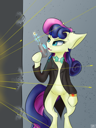 Size: 1668x2224 | Tagged: safe, artist:coldtrail, character:bon bon, character:sweetie drops, species:pony, newbie artist training grounds, bipedal, bow tie, clothing, female, gun, jacket, mare, ray gun, raygun, solo, weapon