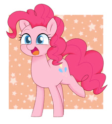 Size: 1088x1200 | Tagged: safe, artist:ch-chau, character:pinkie pie, species:earth pony, species:pony, abstract background, cute, diapinkes, female, mare, one hoof raised, open mouth, pixiv, solo, stars