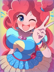 Size: 768x1024 | Tagged: safe, artist:erufi, character:pinkie pie, episode:five lines you need to stand in, g4, my little pony: equestria girls, my little pony:equestria girls, spoiler:eqg series (season 2), anime, beautiful, breasts, busty pinkie pie, clothing, cute, diapinkes, dress, female, geode of sugar bombs, magical geodes, one eye closed, open mouth, peace sign, solo, wink