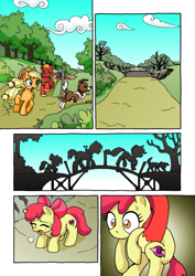 Size: 1201x1700 | Tagged: safe, artist:tarkron, character:apple bloom, character:applejack, character:big mcintosh, character:winona, species:dog, species:earth pony, species:pony, comic:ghosts of the past, apple siblings, bridge, carrying, comic, countryside, female, filly, male, mare, no dialogue, silhouette, stallion, sweat, sweatdrop, tired