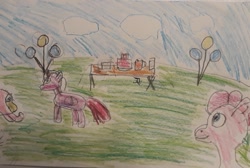 Size: 801x537 | Tagged: safe, artist:joeydr, character:fluttershy, character:pinkie pie, character:twilight sparkle, character:twilight sparkle (alicorn), species:alicorn, species:pegasus, species:pony, newbie artist training grounds, balloon, cake, cloud, cup, female, food, mare, outdoors, party, pitcher, plates, signature, table, traditional art