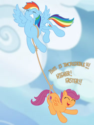 Size: 2326x3104 | Tagged: safe, artist:wispy tuft, character:rainbow dash, character:scootaloo, species:pegasus, species:pony, episode:the last crusade, g4, my little pony: friendship is magic, carrying, cute, cutie mark, female, flying, joyride, love, loyalty, rainbow, scootalove, the cmc's cutie marks, wholesome