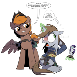 Size: 3000x3000 | Tagged: safe, artist:php104, character:rarity, oc, oc only, oc:calamity, oc:littlepip, species:pegasus, species:pony, species:unicorn, fallout equestria, arm behind head, battle saddle, blushing, clothing, comic, cowboy hat, dashite, dialogue, eyes closed, fanfic, fanfic art, female, floppy ears, glowing horn, gun, handgun, hat, holster, hooves, horn, levitation, little macintosh, magic, male, mare, ministry mares, ministry mares statuette, optical sight, pipbuck, piplamity, raised hoof, revolver, rifle, scope, simple background, sitting, speech bubble, stallion, standing, telekinesis, transparent background, vault suit, weapon