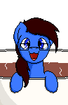 Size: 97x150 | Tagged: safe, artist:wolvan, artist:yannerino, oc, oc only, oc:crumpets, species:earth pony, species:pony, animated, blinking, cup, cup of pony, food, glasses, happy, micro, pixel art, ponytail, simple background, steam, tea, transparent background