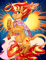 Size: 1700x2200 | Tagged: safe, artist:cuttledreams, character:daydream shimmer, character:sunset shimmer, species:pony, my little pony:equestria girls, art trade, cloven hooves, daydream shimmer, equestria girls ponified, female, fiery wings, leonine tail, ponified, rearing, smiling, solo, wings