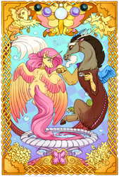 Size: 2332x3457 | Tagged: safe, artist:cuttledreams, character:discord, character:fluttershy, species:alicorn, species:pony, ship:discoshy, alicornified, commission, curved horn, duo, female, fluttercorn, holding hooves, horn, looking at each other, male, race swap, shipping, smiling, spread wings, straight, wings