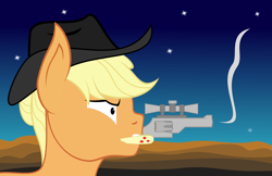 Size: 3000x1943 | Tagged: safe, artist:alltimemine, character:applejack, species:earth pony, species:pony, fallout equestria, bust, clothing, cowboy hat, desert, fanfic, fanfic art, female, gun, handgun, hat, inkscape, little macintosh, mare, ministry mares, mouth hold, night, night sky, optical sight, portrait, revolver, scope, sky, smoke, solo, stars, vector, weapon
