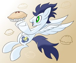 Size: 2400x2000 | Tagged: safe, artist:notadeliciouspotato, character:soarin', species:pegasus, species:pony, abstract background, food, looking at something, male, pie, solo, spread wings, stallion, that pony sure does love pies, wings