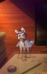 Size: 1736x2726 | Tagged: safe, artist:klooda, oc, oc:swift tine, species:pegasus, species:pony, book, desk, detailed, detailed background, drawn into existence, eraser, female, glitter, happy, lamp, lineart, mare, monitor, paper, pencil, pencil drawing, ponytail, shiny, sketch, smiling, solo, sparkles, traditional art, transparent, wings, ych result