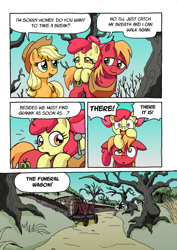 Size: 1201x1700 | Tagged: safe, artist:tarkron, character:apple bloom, character:applejack, character:big mcintosh, species:earth pony, species:pony, comic:ghosts of the past, apple siblings, comic, dark forest, dialogue, female, filly, floppy ears, male, mare, stallion, sweat, sweatdrop, wagon