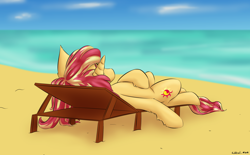 Size: 2900x1800 | Tagged: safe, artist:coldtrail, character:sunset shimmer, species:pony, species:unicorn, newbie artist training grounds, beach, female, lounge chair, mare, solo, sunbathing