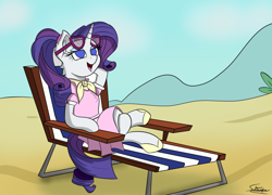 Size: 1500x1080 | Tagged: safe, artist:sadtrooper, character:rarity, species:pony, newbie artist training grounds, atg 2019, beach, beach chair, camping outfit, clothing, crossed legs, dress, female, ponytail, signature, solo, sunglasses, vacation