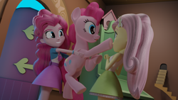 Size: 3840x2160 | Tagged: safe, artist:creatorofpony, artist:extremespeed slowpoke, character:fluttershy, character:pinkie pie, species:human, species:pony, my little pony:equestria girls, 3d, blender, boop, clothing, cute, holding a pony, human ponidox, ponidox, self ponidox, sleeveless, tank top