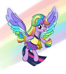 Size: 900x1000 | Tagged: safe, artist:mew-me, character:twilight sparkle, character:twilight sparkle (alicorn), species:alicorn, species:pony, episode:rainbow falls, friendship is magic: rainbow roadtrip, g4, my little pony: friendship is magic, alternate hairstyle, cheerleader, cheerleader outfit, cheerleader sparkle, clothing, colored wings, cute, female, mare, multicolored wings, open mouth, pleated skirt, pom pom, rainbow, rainbow hair, rainbow wings, skirt, solo, twiabetes, wig, wing bling, wings