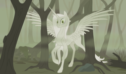 Size: 2580x1524 | Tagged: safe, artist:grypher, oc, oc only, species:pony, fallout equestria, artificial alicorn, creepy, fallout equestria: red 36, fanfic art, female, forest, green eyes, mare, mist, moss, radiation, rock, roots, skinny, solo, spoopy, spread wings, tree, whitetail woods, wings