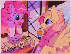 Size: 1170x896 | Tagged: safe, artist:poneko-chan, character:fluttershy, character:pinkie pie, species:earth pony, species:pegasus, species:pony, ship:flutterpie, cupcake, cute, female, flower, food, lesbian, shipping, window