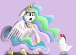 Size: 1500x1080 | Tagged: safe, artist:sadtrooper, character:princess celestia, species:alicorn, species:bird, species:chicken, species:pony, episode:between dark and dawn, g4, my little pony: friendship is magic, rearing, scared, simple background, that princess sure is afraid of chickens