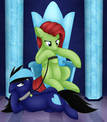 Size: 1024x1175 | Tagged: safe, artist:sevenserenity, oc, oc only, oc:cobalt strike, oc:sodapop, species:earth pony, species:pegasus, species:pony, bedroom eyes, birb, castle, cobapop, collar, crystal, draw me like one of your french girls, leash, lidded eyes, looking down, looking up, master, on side, pet, pet play, pet tag, pillar, sitting, slave, throne, ych result