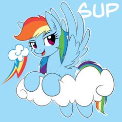 Size: 900x900 | Tagged: safe, artist:casualcolt, character:rainbow dash, species:pegasus, species:pony, blue background, cloud, cute, cutie mark, dashabetes, ear fluff, female, mare, on a cloud, open mouth, simple background, solo, spread wings, sup, wings