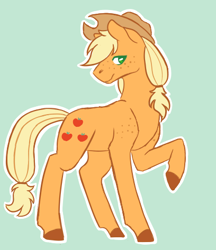 Size: 408x473 | Tagged: safe, artist:flaming-trash-can, character:applejack, species:earth pony, species:pony, applejack's hat, clothing, colored hooves, colored pupils, cowboy hat, cute, female, freckles, green background, hat, jackabetes, mare, profile, raised hoof, simple background, solo