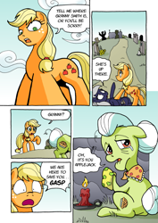 Size: 1201x1700 | Tagged: safe, artist:tarkron, character:applejack, character:granny smith, oc, oc:tara, species:earth pony, species:pony, comic:ghosts of the past, candle, comic, crying, dialogue, female, floppy ears, gasp, graveyard, looking down at you, mare