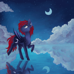 Size: 540x540 | Tagged: safe, artist:flaming-trash-can, oc, species:bat pony, species:pony, bat pony oc, cloud, crescent moon, moon, night, night sky background, sky, ych result