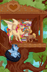Size: 5791x8950 | Tagged: safe, artist:cuttledreams, oc, oc only, oc:copper chip, oc:golden gates, oc:silver span, species:pegasus, species:pony, species:unicorn, babscon, tire swing, tree, treehouse, trio
