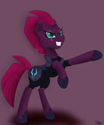 Size: 1080x1300 | Tagged: safe, artist:sadtrooper, character:tempest shadow, species:pony, species:unicorn, broken horn, eye scar, female, hoof shoes, horn, mare, scar, smiling, solo