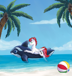Size: 895x950 | Tagged: safe, artist:flaming-trash-can, oc, oc:swift apex, species:pony, beach, beach ball, floatie, floaty, inflatable, inflatable toy, male, ocean, orca, palm tree, pool toy, solo, tree, whale, ych result
