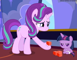 Size: 6400x5000 | Tagged: safe, artist:gamerpen, character:starlight glimmer, character:twilight sparkle, character:twilight sparkle (alicorn), species:alicorn, species:pony, species:unicorn, episode:ail-icorn, spoiler:interseason shorts, age regression, baby, baby pony, babylight sparkle, blocks, building blocks, crossed arms, diaper, female, foal, foalsitting, mama starlight, twilight is not amused, unamused